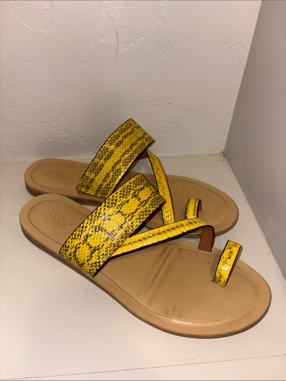 Franco Sarto Yellow Snake-Print Toe Loop Slide Sandals